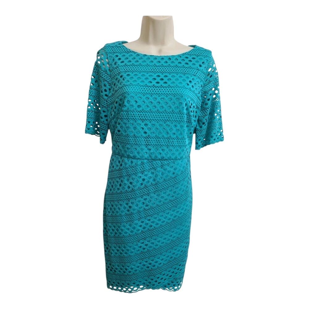 Lace Dress 14P Short Sleeve Tulip Hem Lined Jessica Howard Turquoise